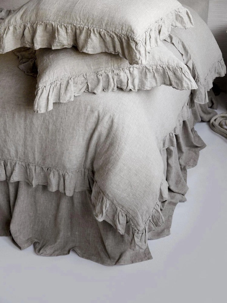 Linen Duvet Cover Frilled French Vintage Stone Washed 100% Flax Super Soft Antibacterial Natural