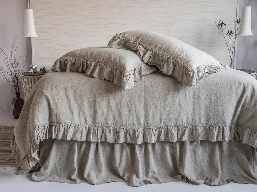 Linen Duvet Cover Frilled French Vintage Stone Washed 100% Flax Super Soft Antibacterial Natural