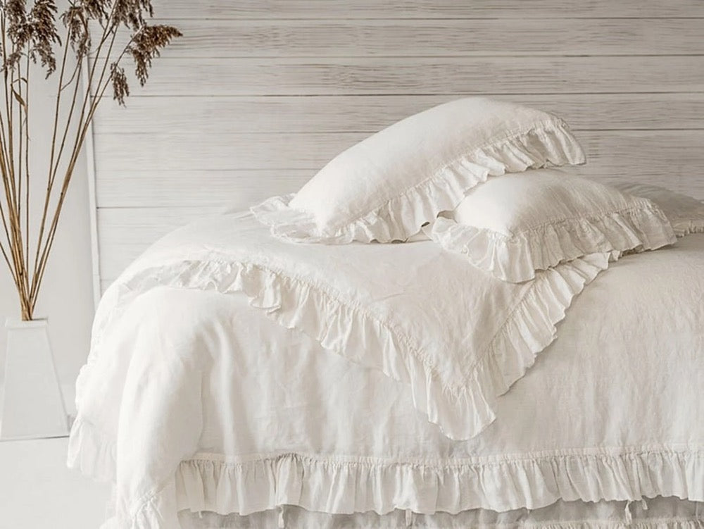 Linen Duvet Cover Frilled French Vintage Stone Washed 100% Flax Super Soft Antibacterial Natural