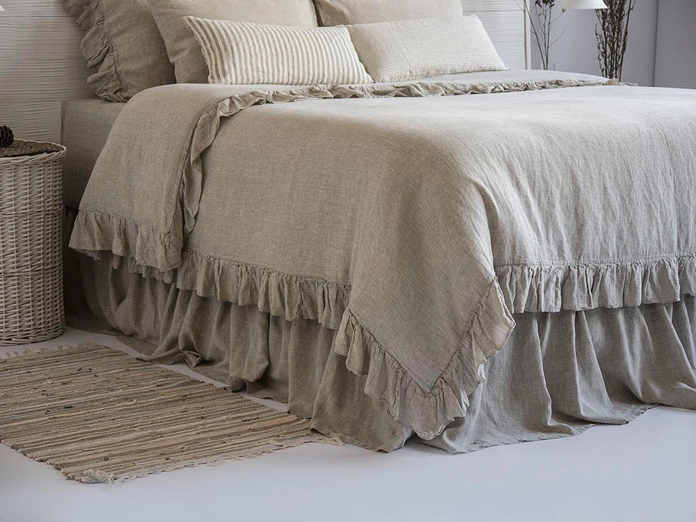 Linen Duvet Cover Frilled French Vintage Stone Washed 100% Flax Super Soft Antibacterial Natural